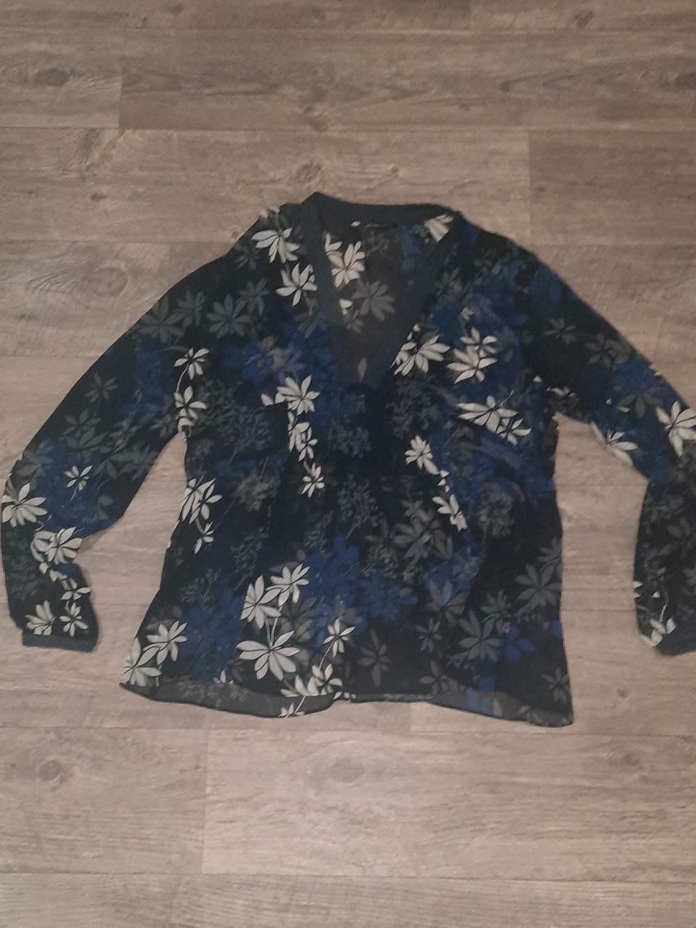 Sheer Floral V-Neck Women's Blouse in Black and Blue